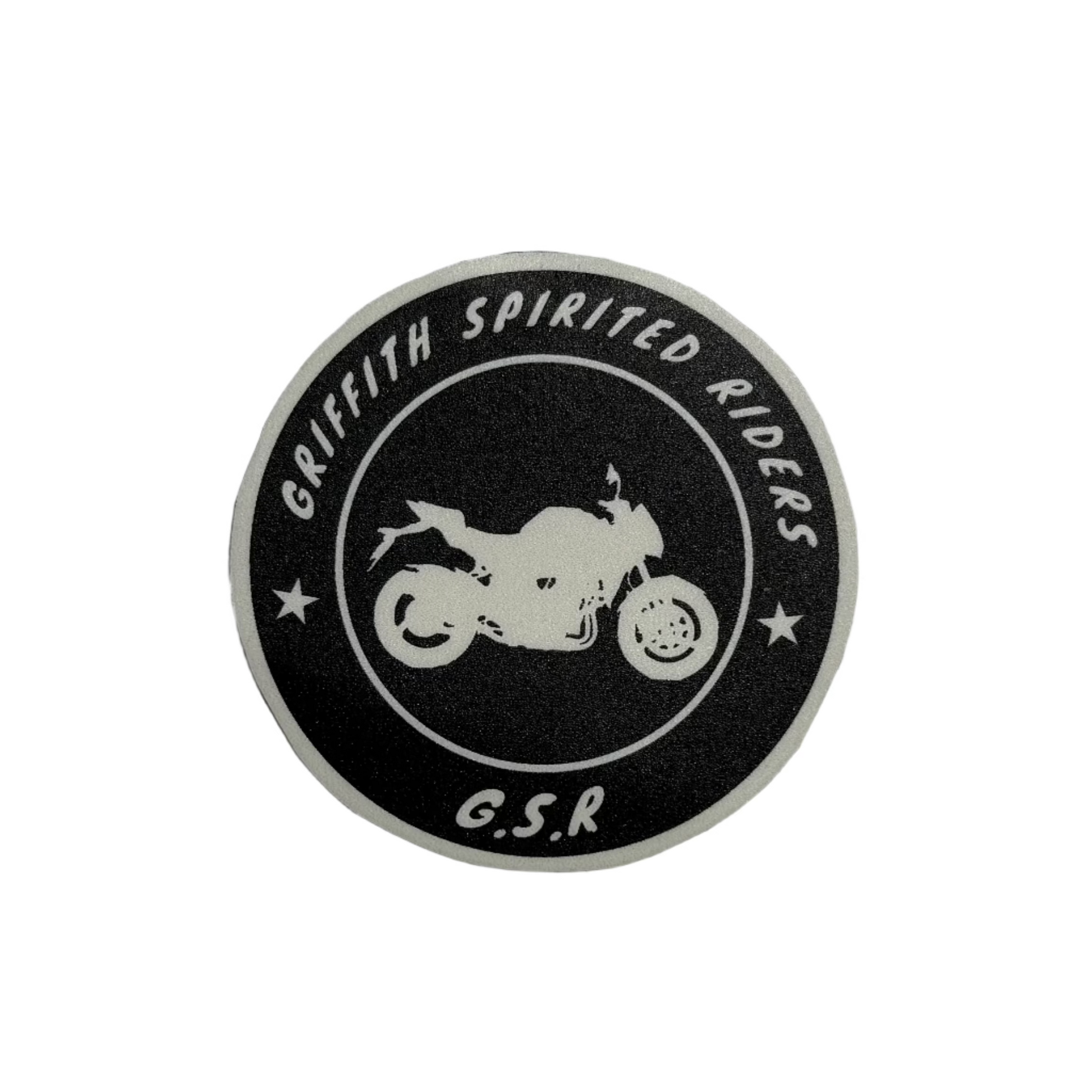 A circular monochrome vinyl decal sticker featuring the Griffith Spirited Riders logo and motorcycle silhouette.